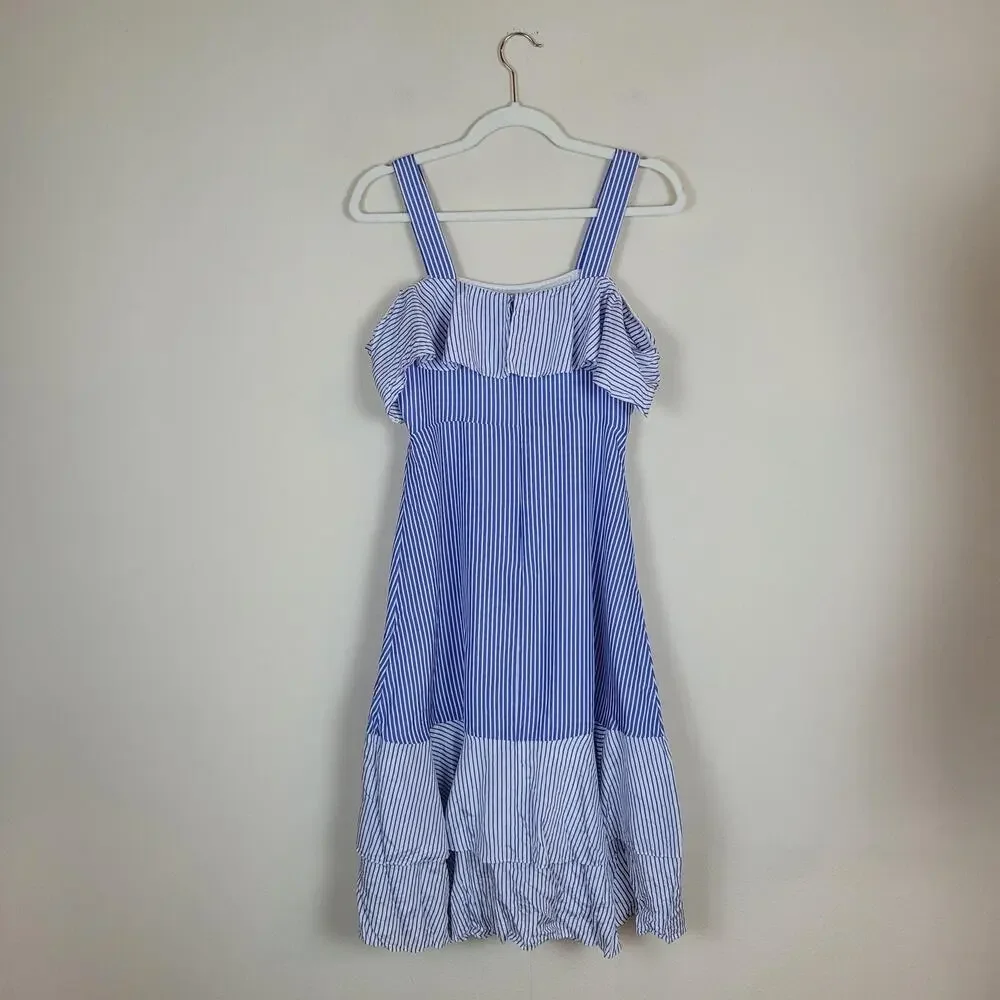 J.Crew Dress 0 Blue White Silk‎ Striped Ruffle Cold Shoulder Handkerchief Midi